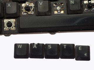 Electronic or computer waste concept banner. Waste text collage. Computer keyboard with deformed...