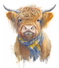 Watercolor highland cow with yellow bandana painting. Realistic wild animal portrait illustration. Created with Generative AI technology. - obrazy, fototapety, plakaty
