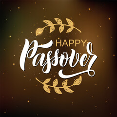Happy Passover handwritten text. Golden letters, sparkling stars on dark background. Modern brush calligraphy. Hand lettering, vector illustration for Jewish holiday as greeting card or poster