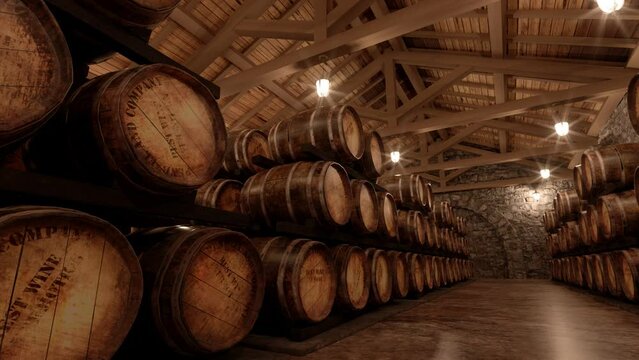 many wine barrels in a cellar with stone walls, 3d animation