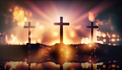Fototapeta na wymiar Three crosses backlight religious image. Generative AI