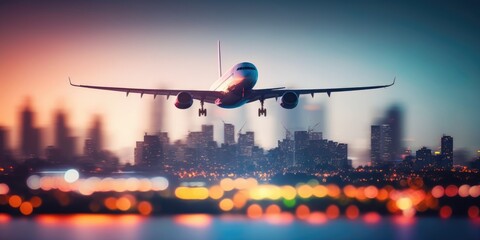 Airplane In Flight At Twilight With Blurred Cityscape. Generative AI
