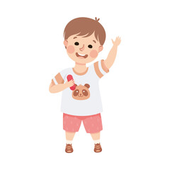 Cute Little Boy Standing with Chalk or Crayon and Waving Hand Vector Illustration