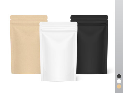 Stand up pouches mockups with ziplock mockup isolated on white background. Vector illustration. Front view. Great way to presentation your products. EPS10