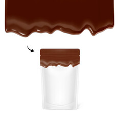 Stand up pouches with falling drops mockup. Vector illustration isolated on white background. Front view. Great way to design your products. EPS10.