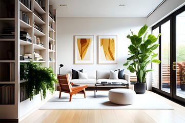 illustration of a fictional modern living room interior design with green plants, paintings, large windows and minimalistic furniture filling, generative ai