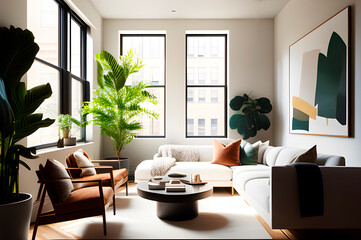 illustration of a fictional modern living room interior design with green plants, paintings, large windows and minimalistic furniture filling, generative ai