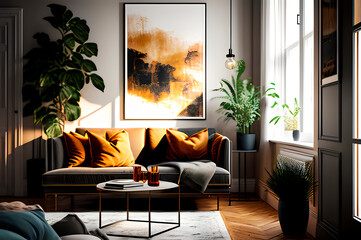 illustration of a fictional modern living room interior design with green plants, paintings, large windows and minimalistic furniture filling, generative ai