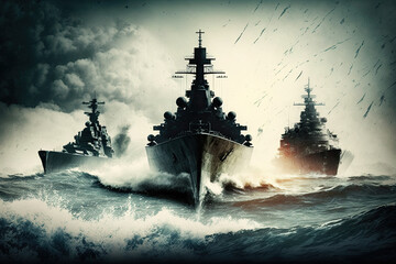 Modern warship formation on the sea battlefield war zone , generative artificial intelligence