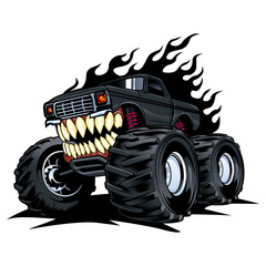monster truck with mouth and teeth vector logo design inspiration, Design element for logo, poster, card, banner, emblem, t shirt. Vector illustration © SATURA