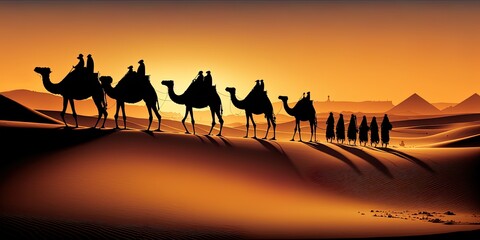 A long line of camels silhouetted against the setting sun, trekking through the desert.