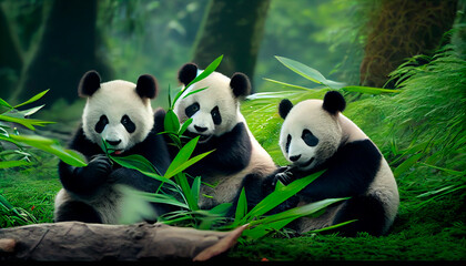 Obraz na płótnie Canvas Panda bears having a bamboo feast in the forest. Generative Ai