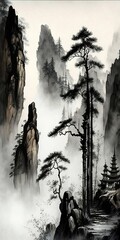 Majestic Crooked Pine Trees in Foggy Mountains, AI Generative