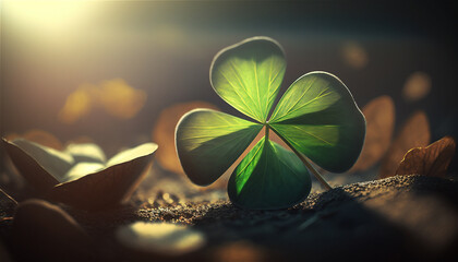 Green four-leaf clover leaf with sunlight background. Ai generated - 580849510
