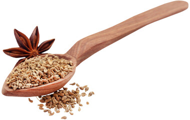 Anise seeds in wooden scoop and Star anise