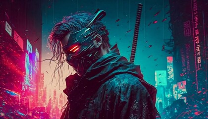 Shadow warrior cyberpunk ninja. Generative AI
