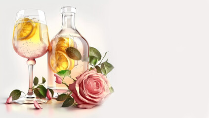 Glass of drink with roses and lemon. Refreshing drink bottle. Background. Copy space. AI generated
