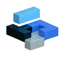 Crystal cube. 3D building block set. Isometric blocks. Abstract construction from isometric blocks shapes. The concept of logical thinking, geometric shapes. Perspective Illustration