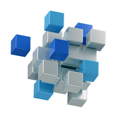 Obraz premium White and colors building with flying cubes in perspective. The subject of delivery, data transmission, relocation, restructuring, transformation, building or selection. 3d perspective illustration. 