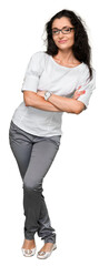 Fototapeta premium Portrait of a Woman Leaning Against Blank Wall