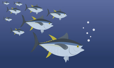 Vector illustration of a flock of fish. Tuna in the sea.