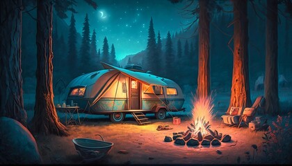 Recreational rv camping on open landscape forest mountains, campfire. Generative AI