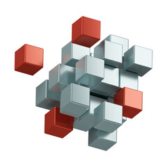White and colors building with flying cubes in perspective. The subject of delivery, data transmission, relocation, restructuring, transformation, building or selection. 3d perspective illustration. 