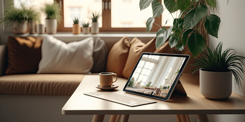 Fototapeta premium Personal laptop computer, is open on a wooden table, generative artificial intelligence 