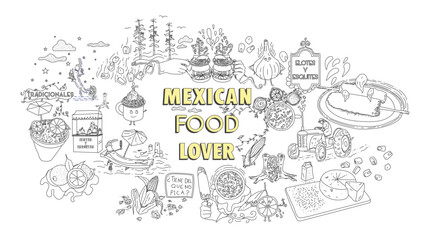 Elotes y esquites traditional mexican food and antojito, delicious food.  Elotes y esquites, traditional mexican popular food. Black and white vector doodle illustration. 