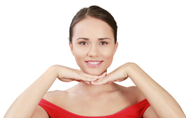 Smiling Woman with Head Resting on Hand - Isolated