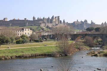 Fototapeta na wymiar Vue d'ensemble de la cité médiévale, ville de Carcassonne, département de l'Aude, France