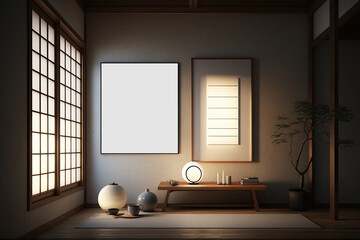 Japanese style room interior with blank canvas on the wall. Frame mockup with white empty space. Generative AI