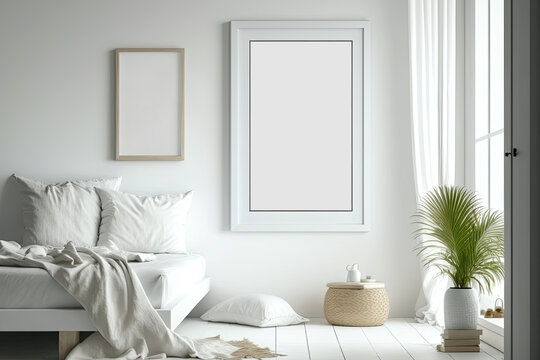 Modern room interior with empty canvas on the wall. Frame mockup with white empty space. Generative AI
