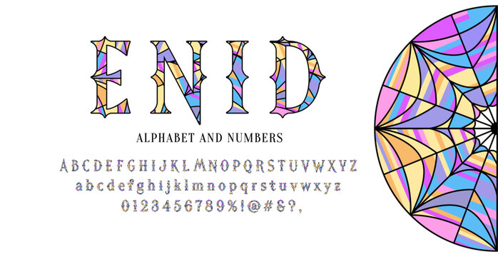 Enid stained glass font. Vector Wednesday alphabet with signs, symbols and numbers.