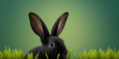 Cute black bunnies. Ester bunny isolated in green background. Spring meadow in background. AI generative
