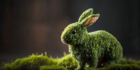 Eco easter concept. Bunny made of moss. Cute green bunny. Ester rabbit isolated in green background. Spring meadow in background. AI generative