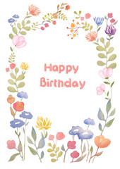 Happy birthday greeting card. Text in a floral watercolor frame on a white and transparent background