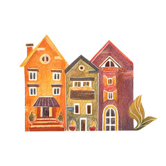 Cute colorful houses with balconies, flowers, roofs. A street with cottages for sale. Drawing on a transparent background