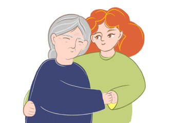 An adult daughter hugs an old mother. Love and happiness in the family. Mother's Day Celebration. An adult daughter hugs an old mother. Love and happiness in the family. Mother's Day celebration. 
