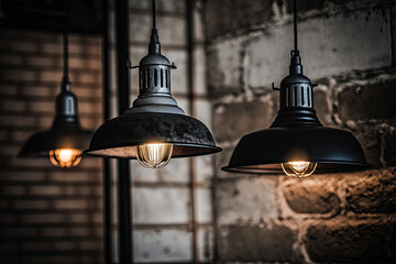 Obraz premium Industrial hanging lamps against rough wall style loft design. Illustration AI Generative