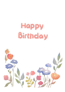 Happy birthday greeting card. Text in a floral watercolor frame on a white and transparent background
