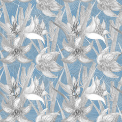 Abstract gentle seamless pattern with black and white watercolor lilies on a blue background.