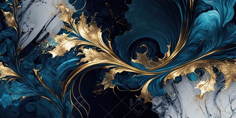 A background with a blue, gold, and floral marble texture, Generative AI