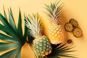 Pineapples and tropical palm leaves on a bright pastel. Illustration AI Generative