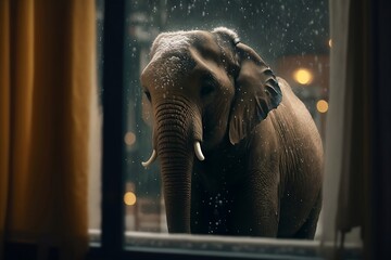 an elephant standing in front of a snow covered window. Generative Ai