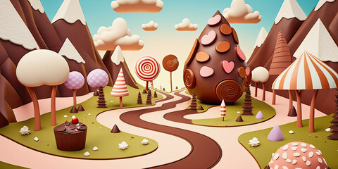 ai midjourney generated fantasy illustration of a small cute chocolate land