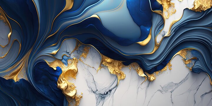 Blue and gold floral marble texture abstract background, Generative AI