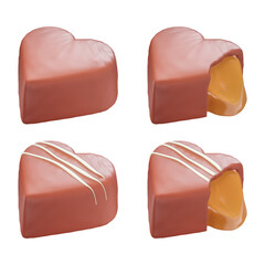 Set of heart-shaped chocolate candies. Filling falling out