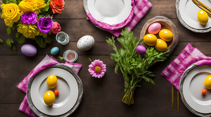 Obraz na płótnie Canvas Easter table place setting decoration with colorful eggs. Traditional Easter treats on festive table decorated with spring flowers, created with Generative AI technology