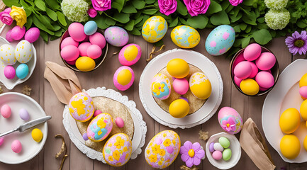 Fototapeta na wymiar Easter table place setting decoration with colorful eggs. Traditional Easter treats on festive table decorated with spring flowers, created with Generative AI technology